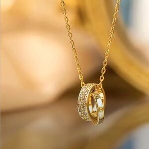 Pavé Double-Ring Love Gold Pendant Necklace - Women's Jewelry - 14K over brass